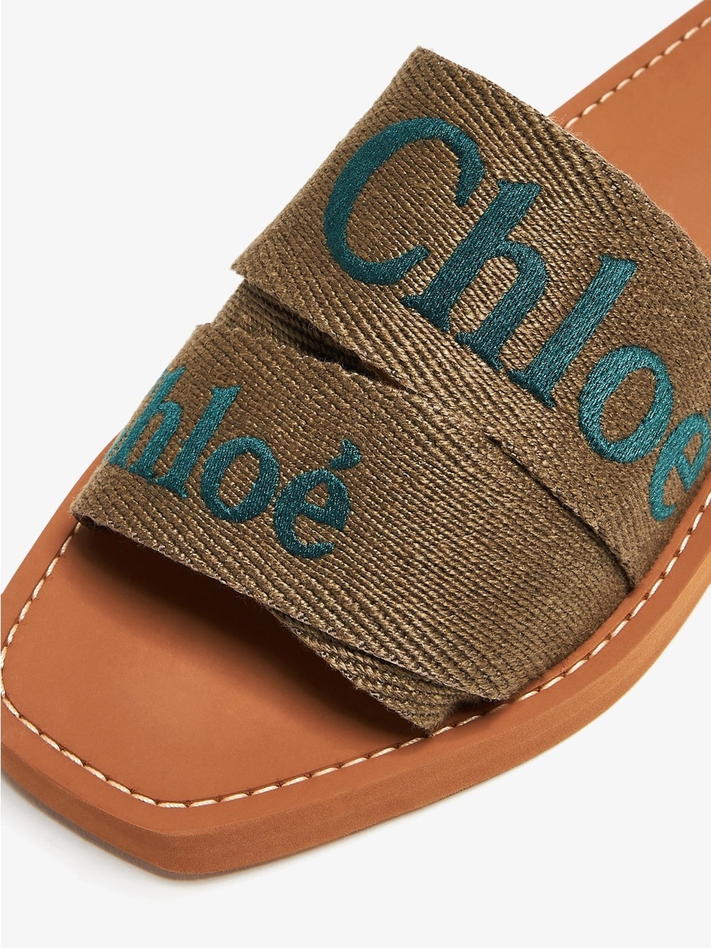 Chloe Woody Woven Slide Sandals - Olive green with dark green logo